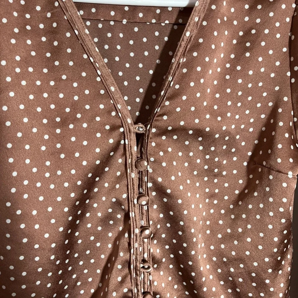 Abercrombie & Fitch Brown Polka Dot Satin Tie Front Blouse XS Long Sleeve Top